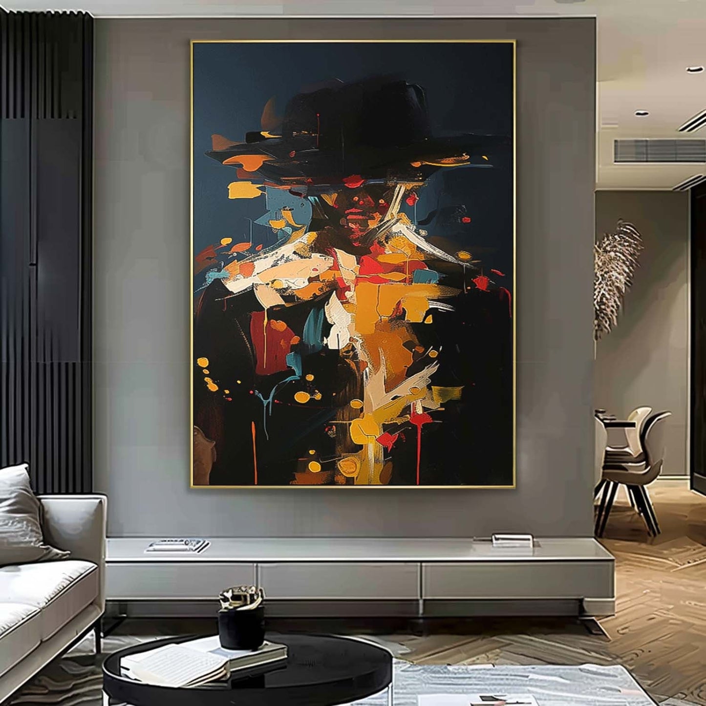 Abstract Figure Oil Painting with Bold Colors and Unique Hat Design