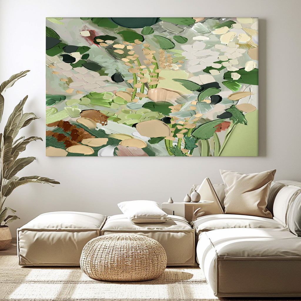 Botanical Elegance: Serene Green and White Floral Oil Painting for Home Decor