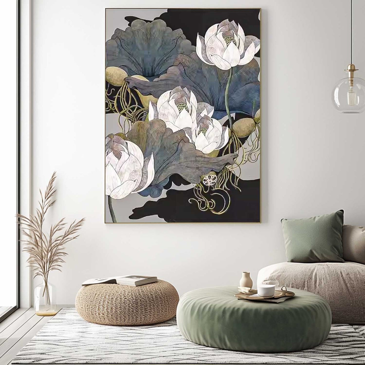 Elegant Flower Oil Painting - Serene Lotus Floral Wall Art for Home Decor