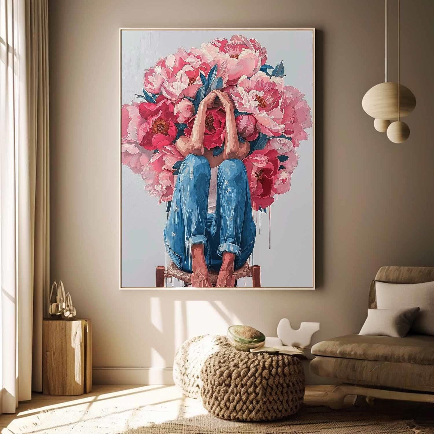 Floral Embrace: Vibrant Oil Painting of a Woman Surrounded by Blossoming Flowers