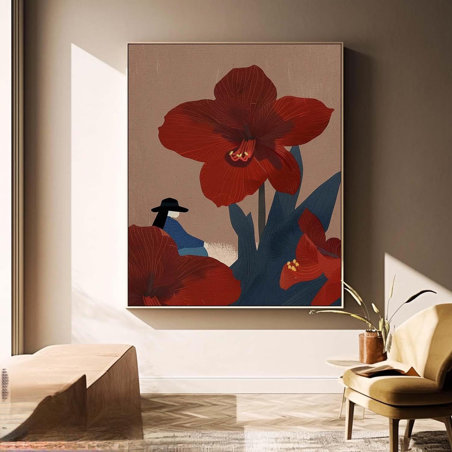 Elegant Red Flower Woman Oil Painting for Modern Home Decor