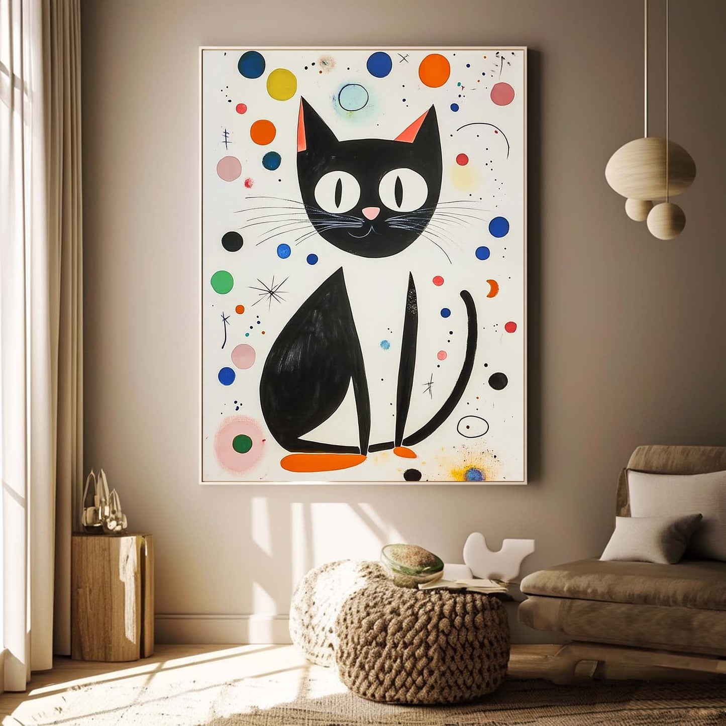 Charming Black Cat Oil Painting with Colorful Abstract Background