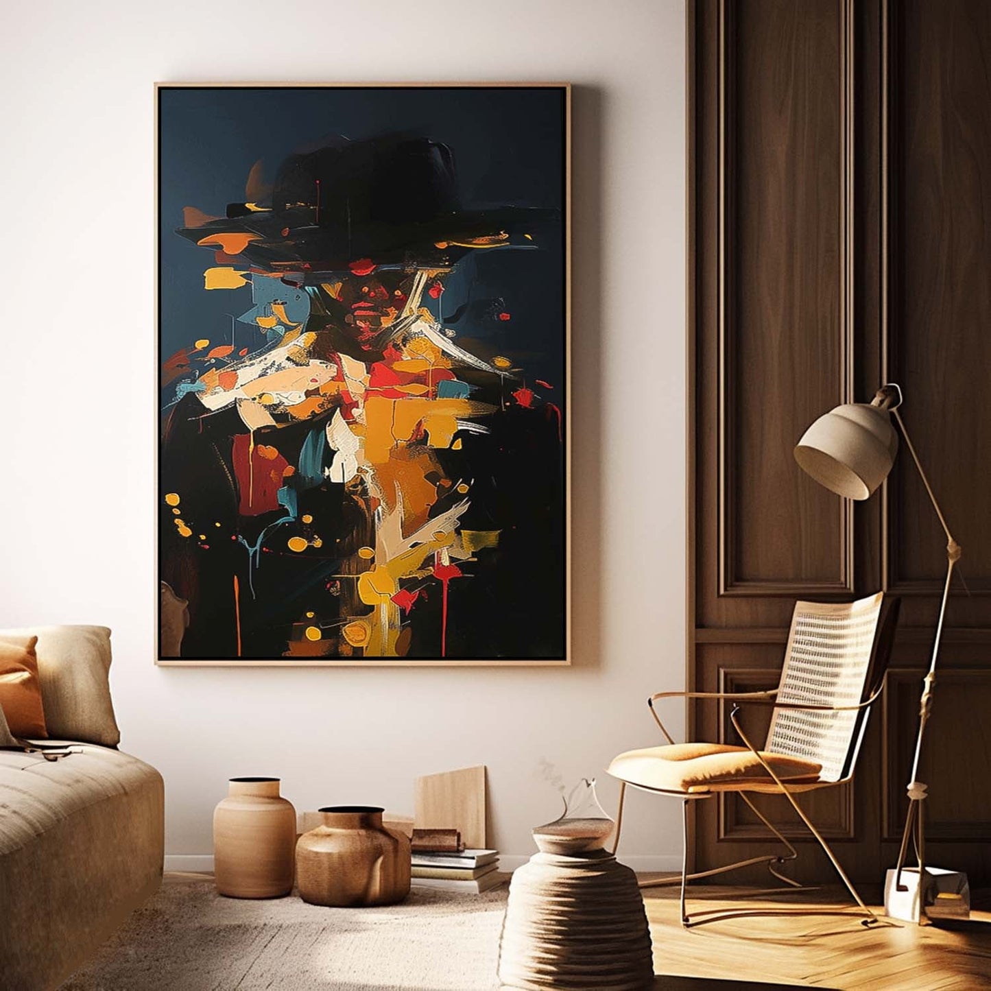Abstract Figure Oil Painting with Bold Colors and Unique Hat Design
