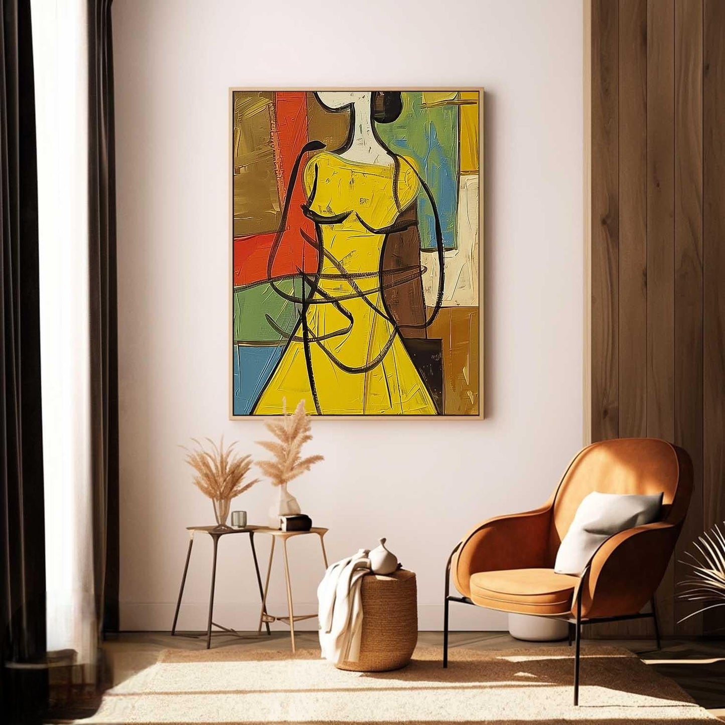 Vibrant Woman in Yellow Dress Abstract Oil Painting for Contemporary Decor