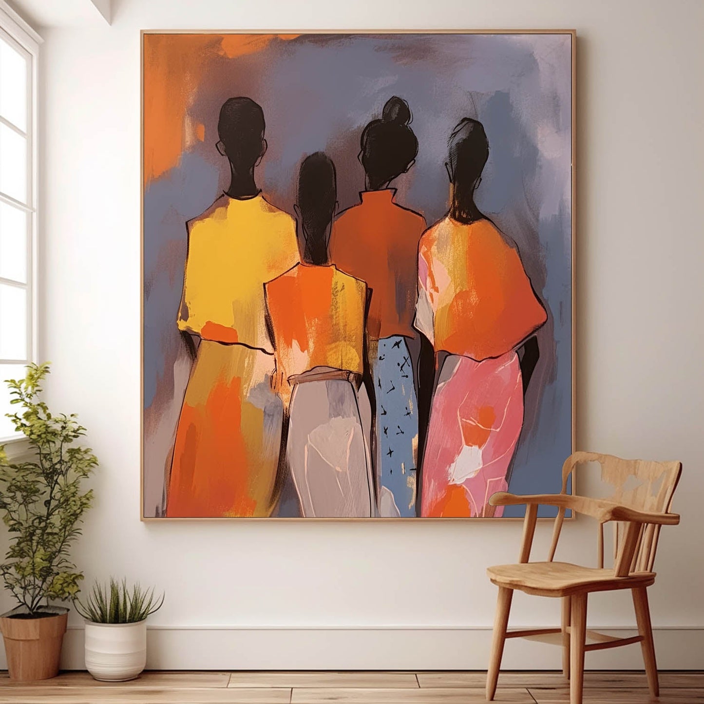 Colorful Abstract Oil Painting of Four Figures on Canvas