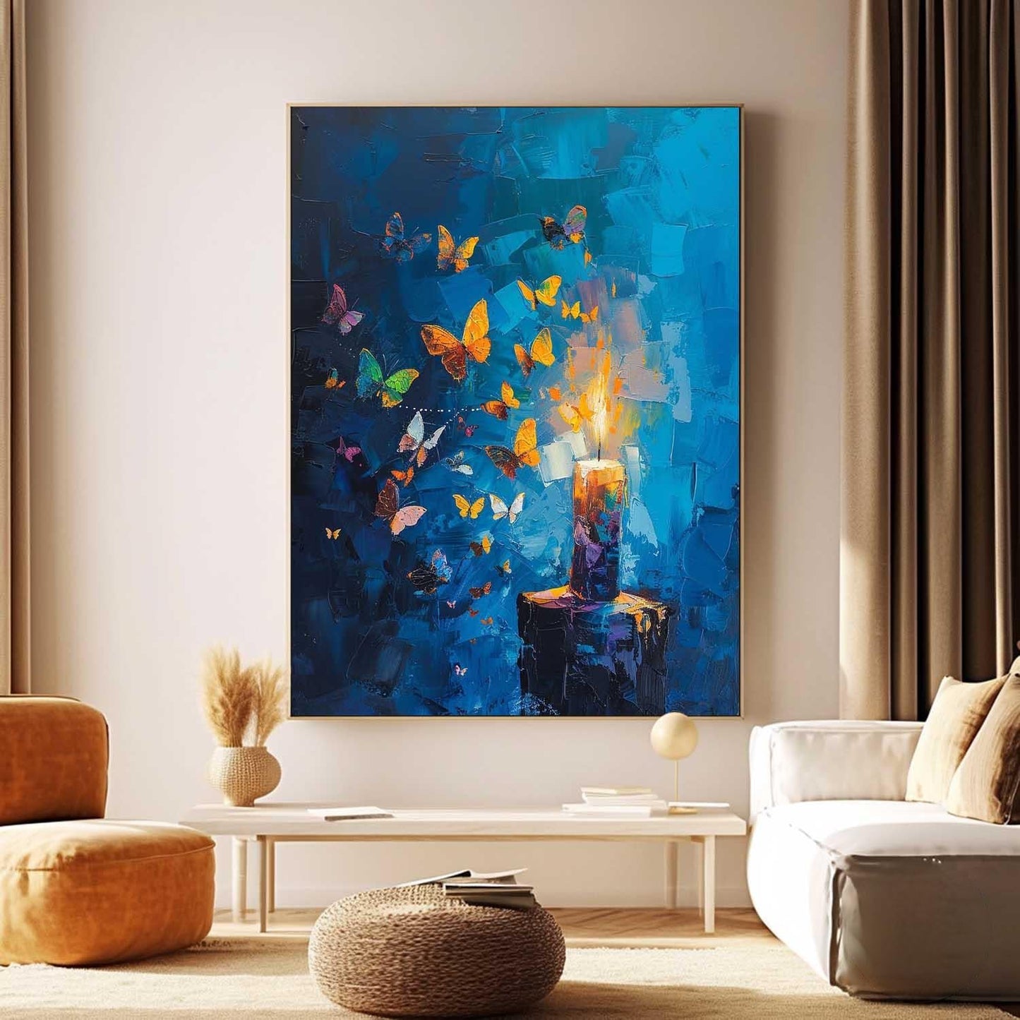 Colorful Butterflies and Candlelight Abstract Oil Painting