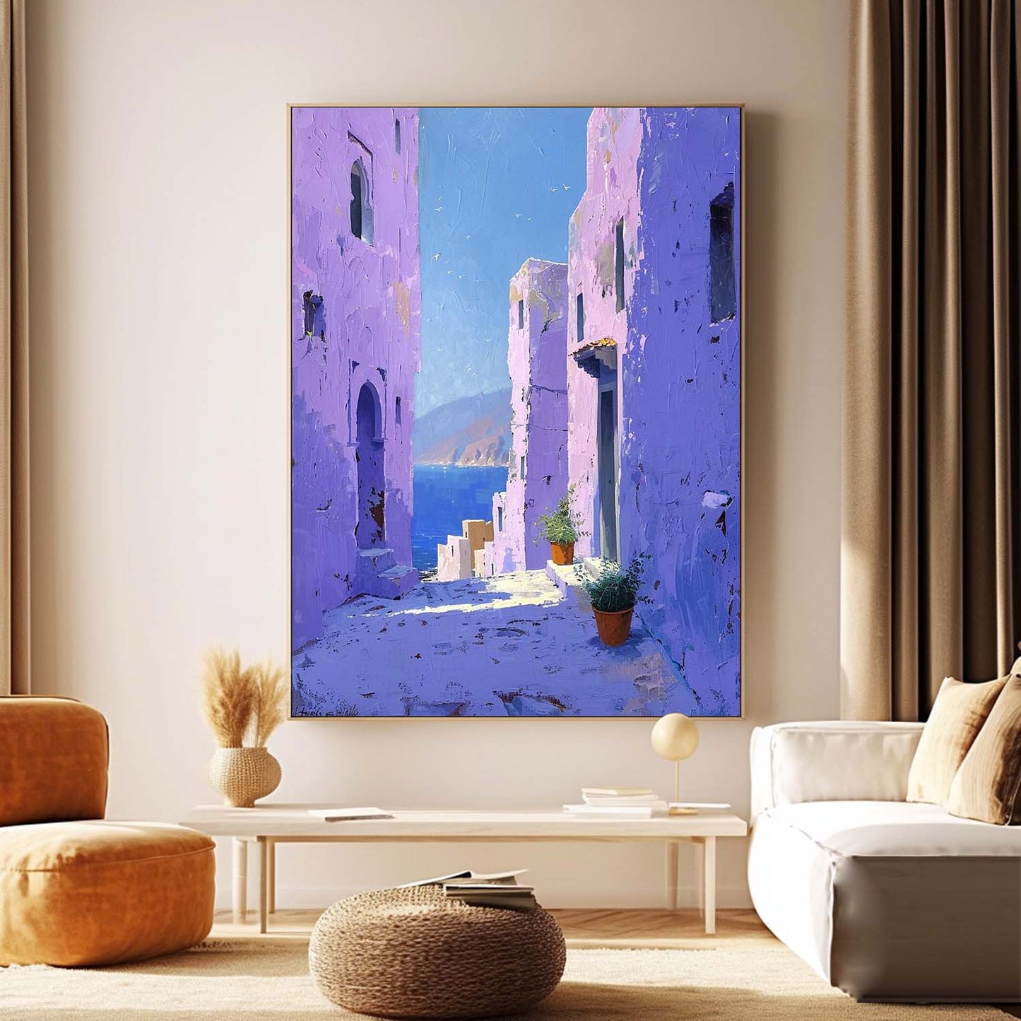 Vibrant Mediterranean Village: Stunning Oil Painting of Coastal Architecture