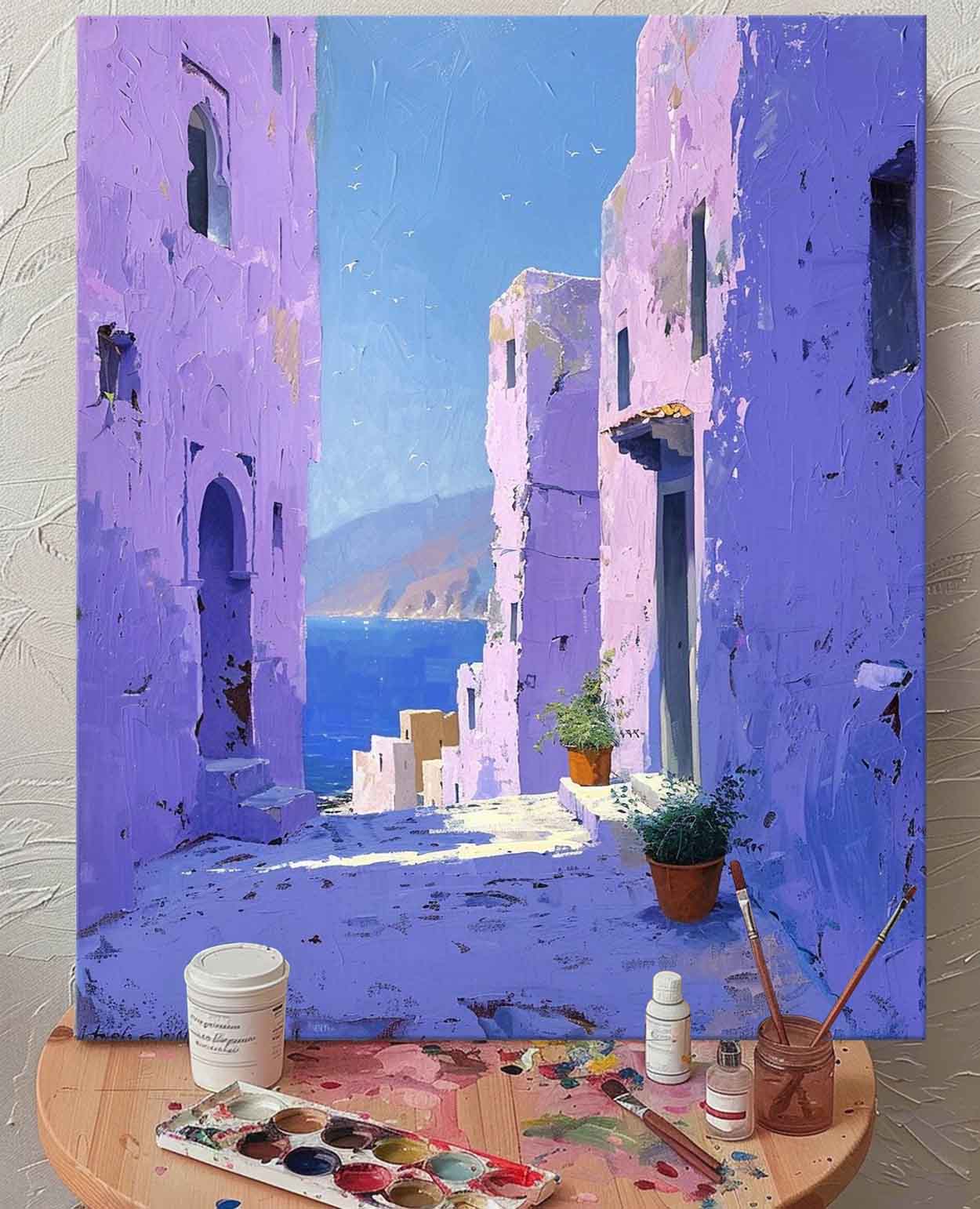 Vibrant Mediterranean Village: Stunning Oil Painting of Coastal Architecture