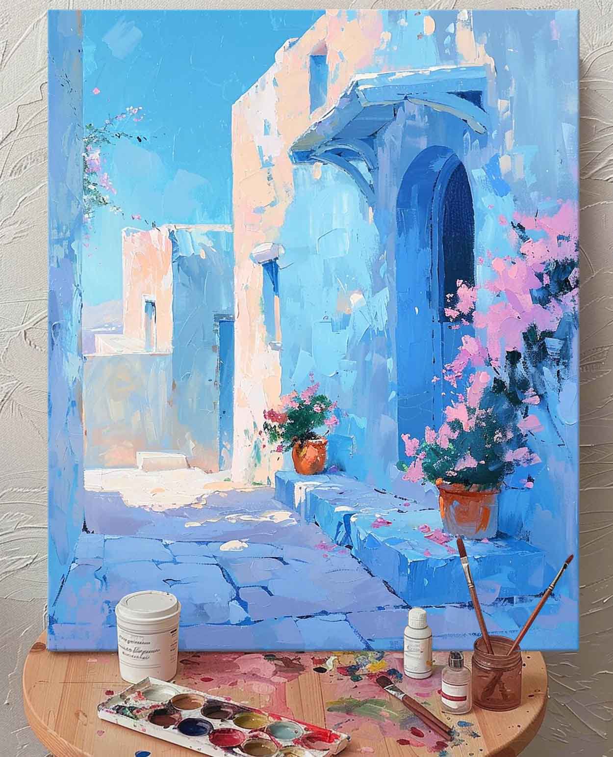 Charming Blue Alleyway Oil Painting with Flower Pots and Architecture