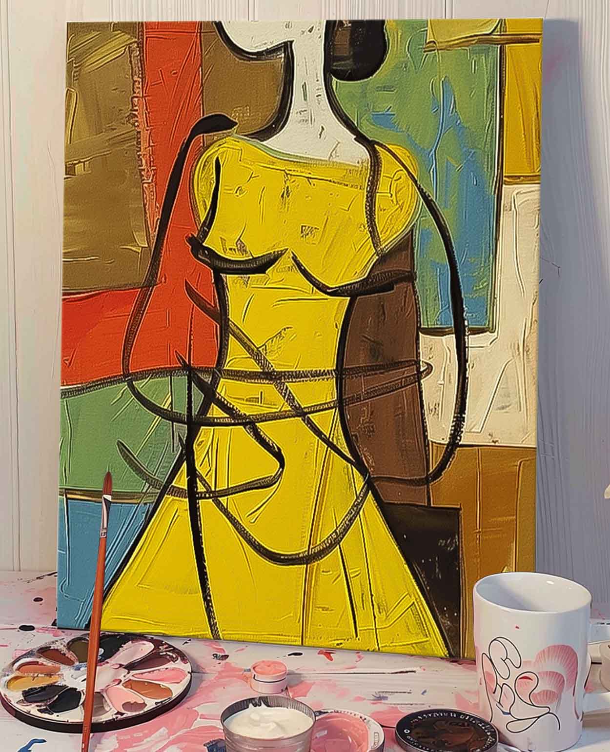 Vibrant Woman in Yellow Dress Abstract Oil Painting for Contemporary Decor
