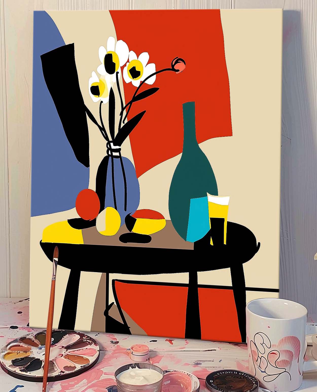 Modern Floral Still Life Oil Painting with Colorful Vase and Fruit Table Decor