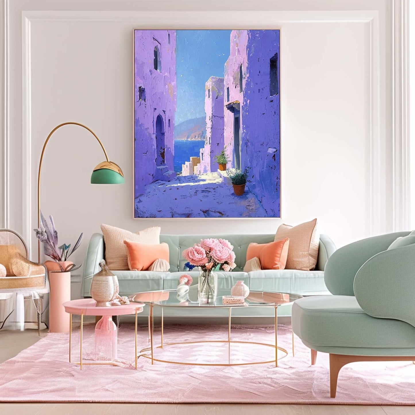 Vibrant Mediterranean Village: Stunning Oil Painting of Coastal Architecture