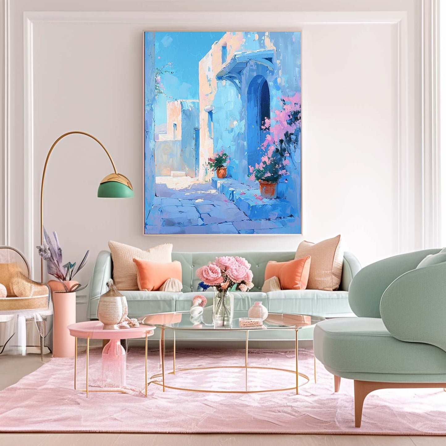 Charming Blue Alleyway Oil Painting with Flower Pots and Architecture