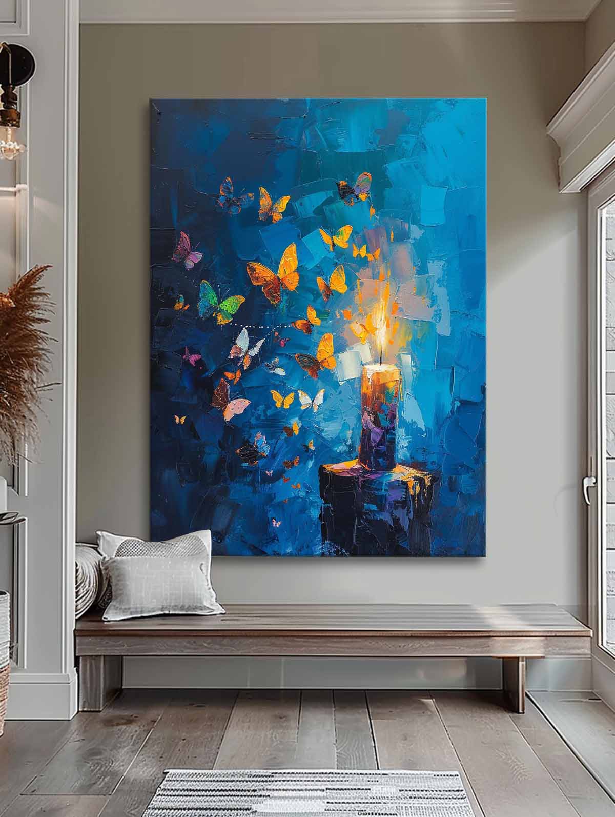 Colorful Butterflies and Candlelight Abstract Oil Painting