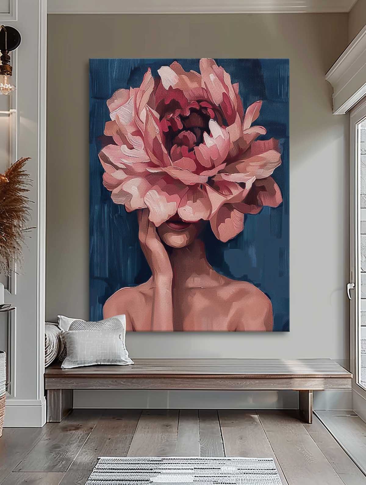 Floral Fantasy: Elegant Oil Painting of Woman with Flower Face