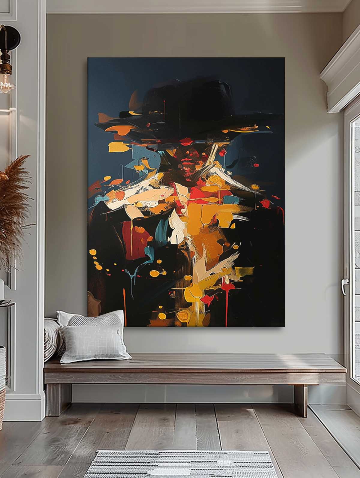 Abstract Figure Oil Painting with Bold Colors and Unique Hat Design