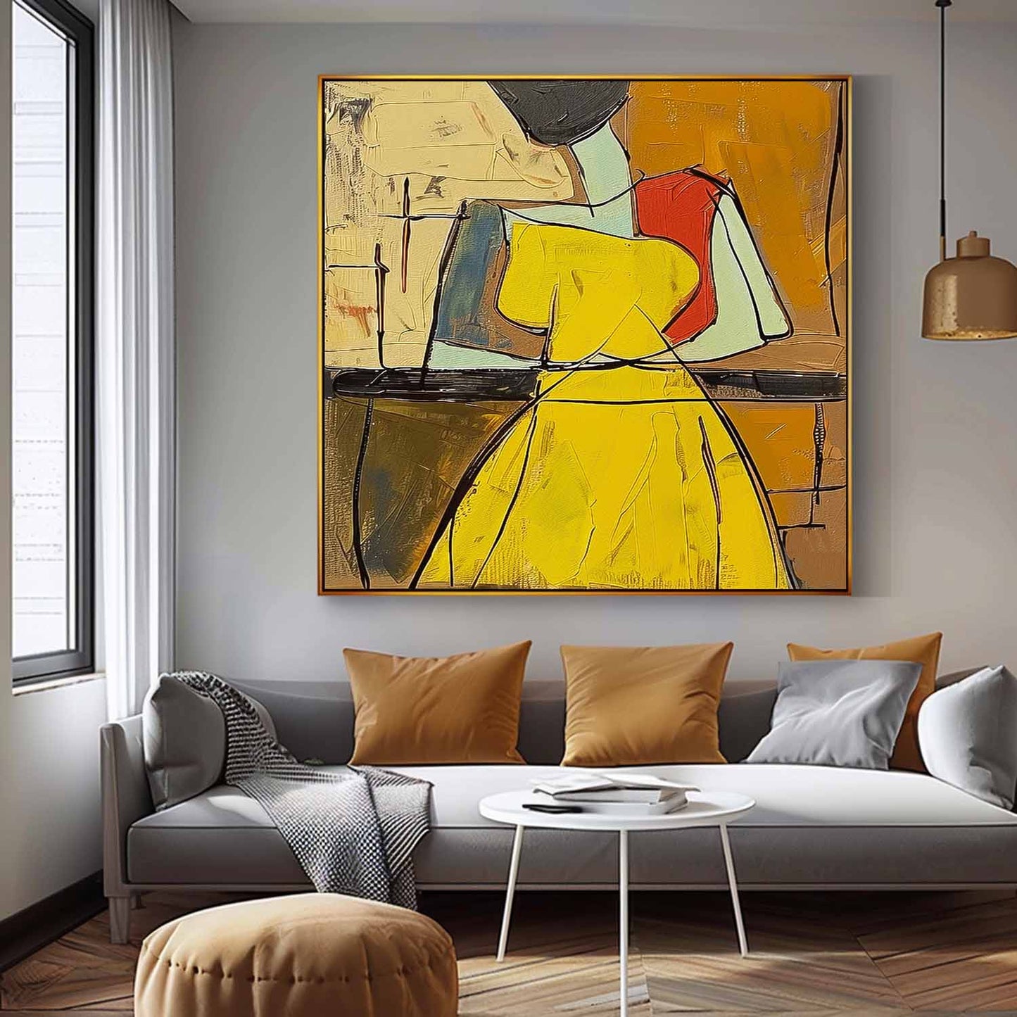 Colorful Abstract Oil Painting of a Woman in Yellow Dress - Modern Canvas Art