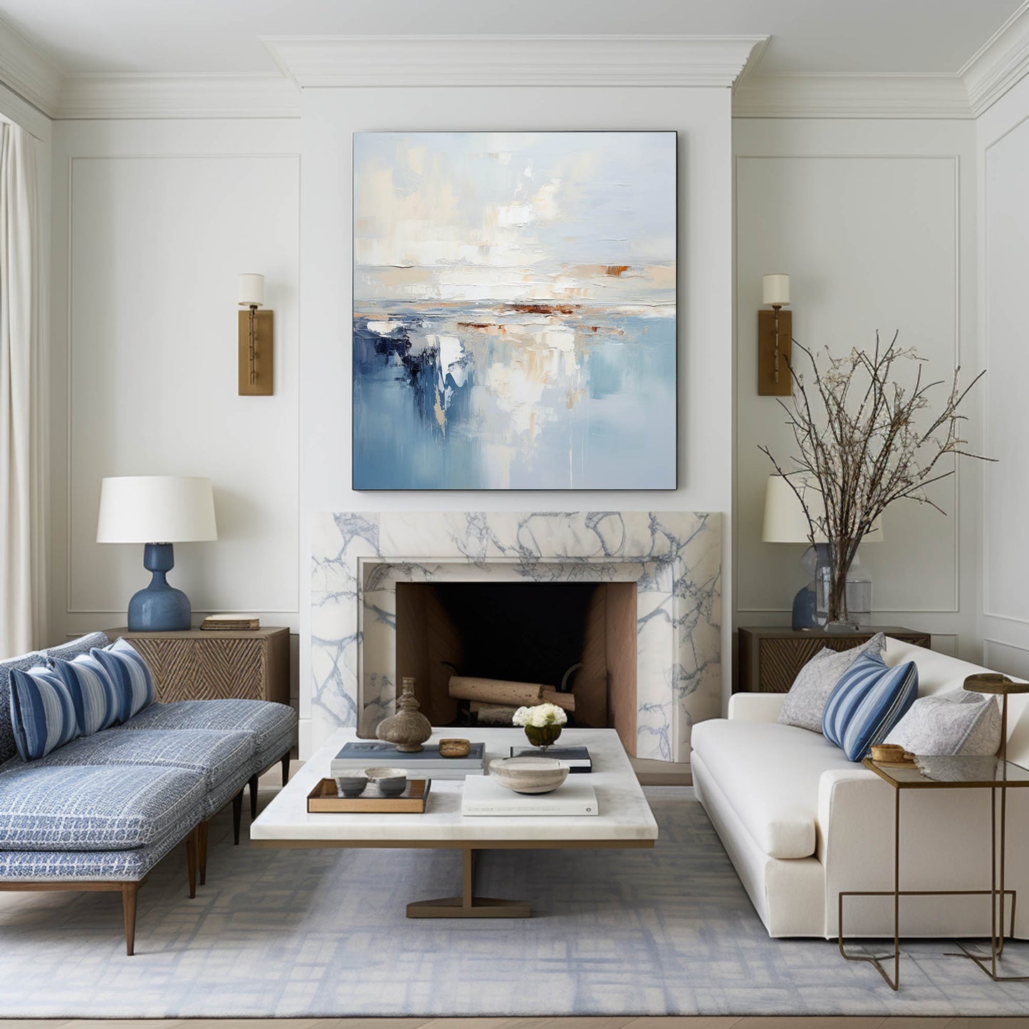 Serene Coastal Abstract Oil Painting with Blue and Cream Hues for Modern Decor