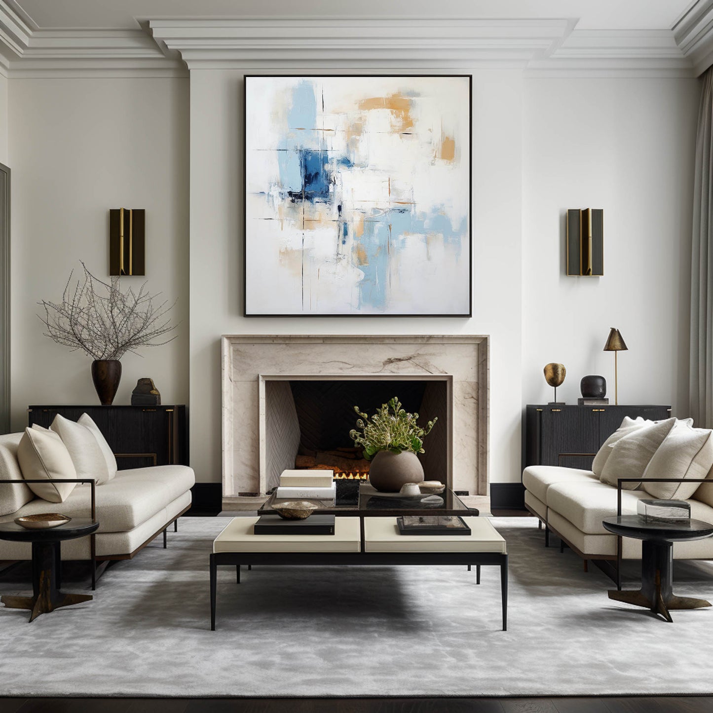 Contemporary Blue and Gold Abstract Oil Painting for Modern Home Decor
