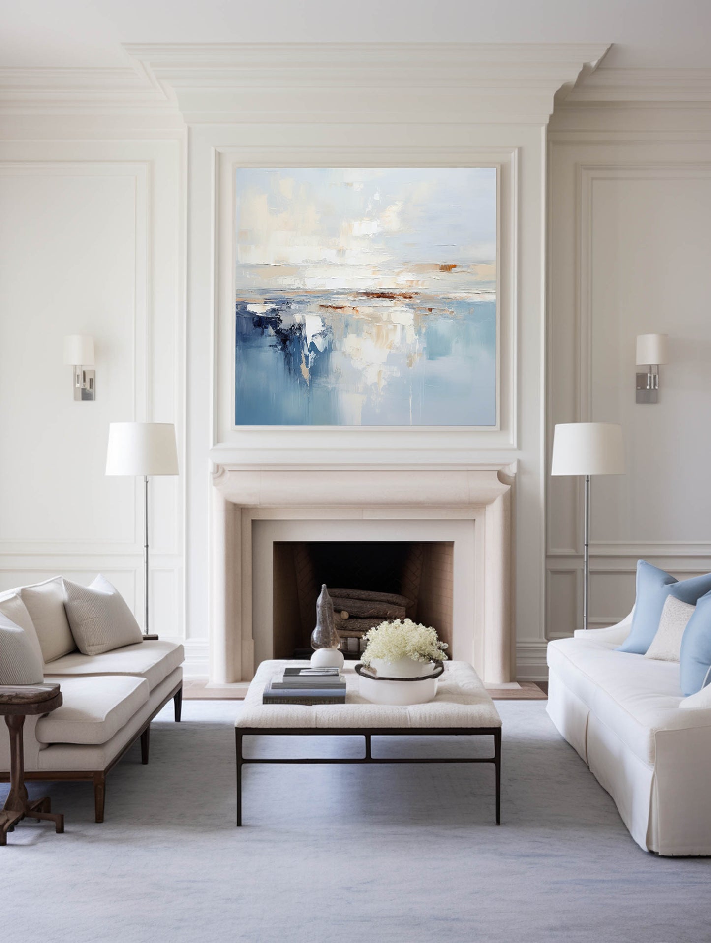 Serene Coastal Abstract Oil Painting with Blue and Cream Hues for Modern Decor