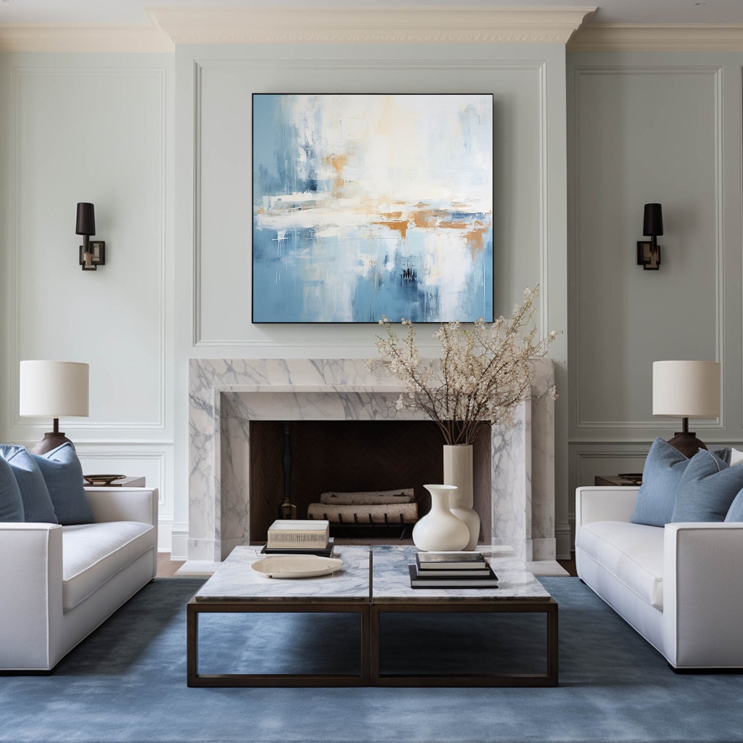 Contemporary Blue Abstract Oil Painting for Modern Home Decor