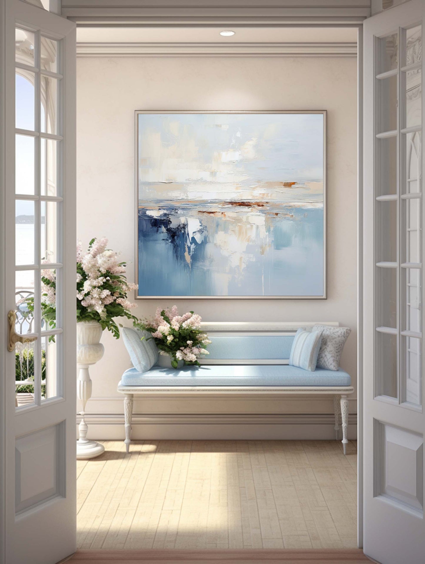 Serene Coastal Abstract Oil Painting with Blue and Cream Hues for Modern Decor