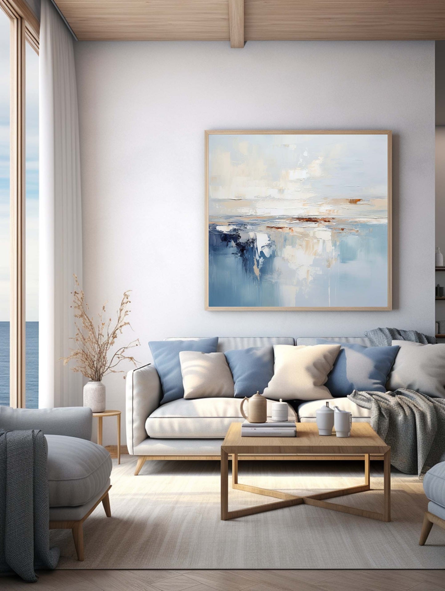 Serene Coastal Abstract Oil Painting with Blue and Cream Hues for Modern Decor