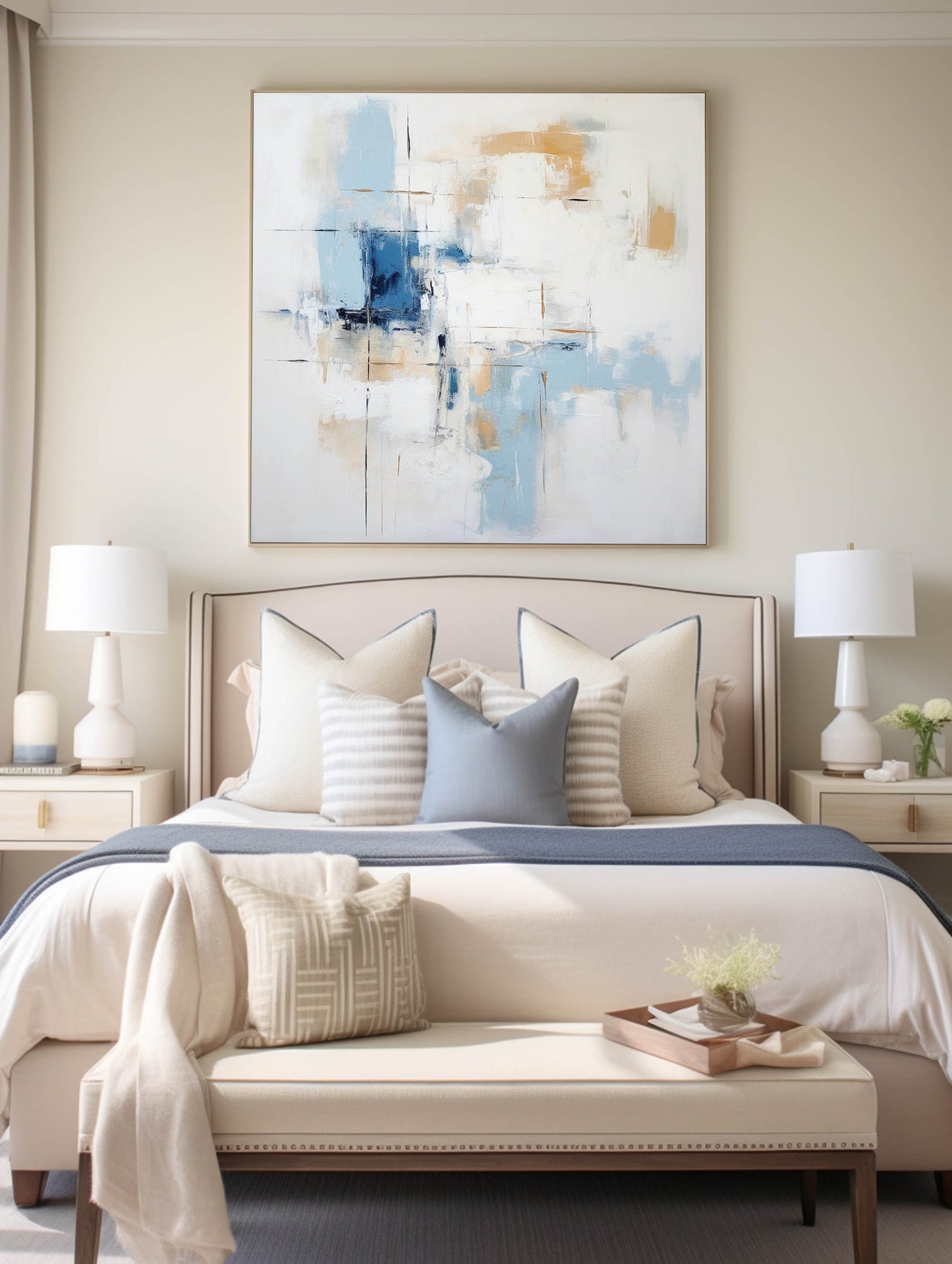 Contemporary Blue and Gold Abstract Oil Painting for Modern Home Decor