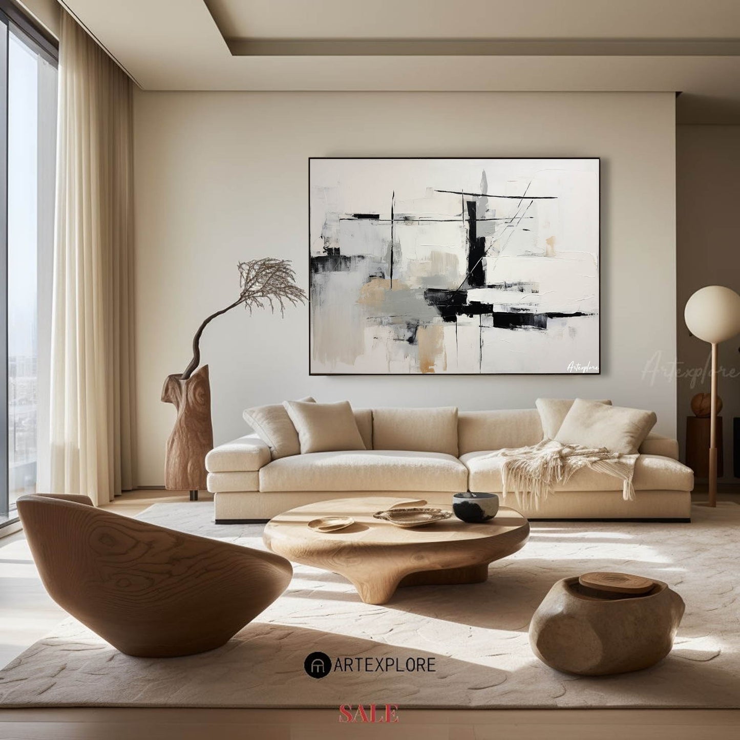 Contemporary Black and White Abstract Oil Painting for Modern Home Decor