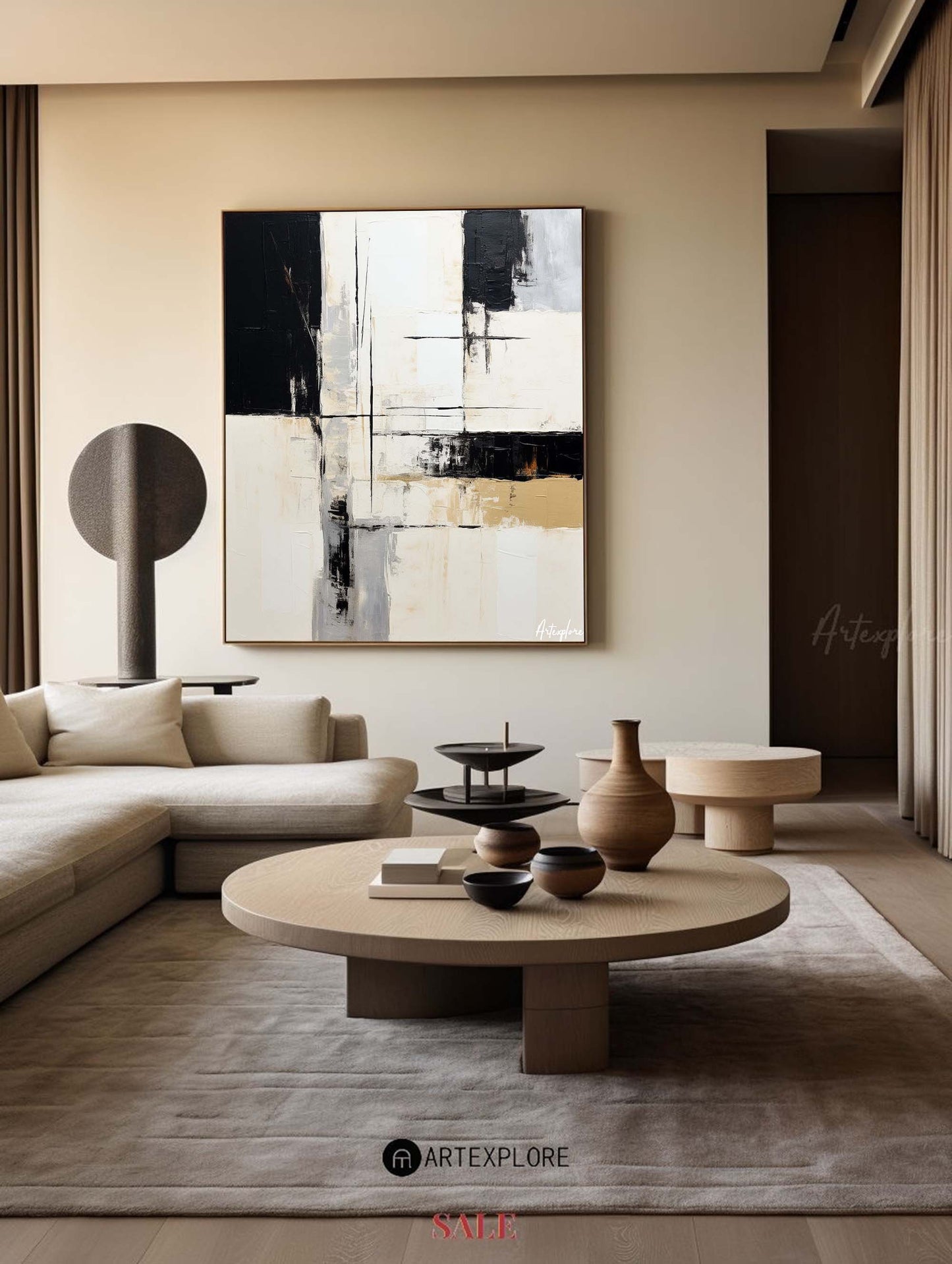 Contemporary Black and White Abstract Oil Painting for Modern Home Décor