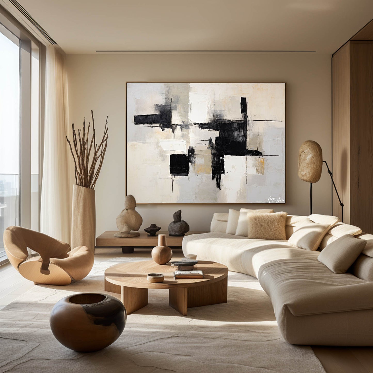 Contemporary Black and White Abstract Oil Painting for Modern Art Decor