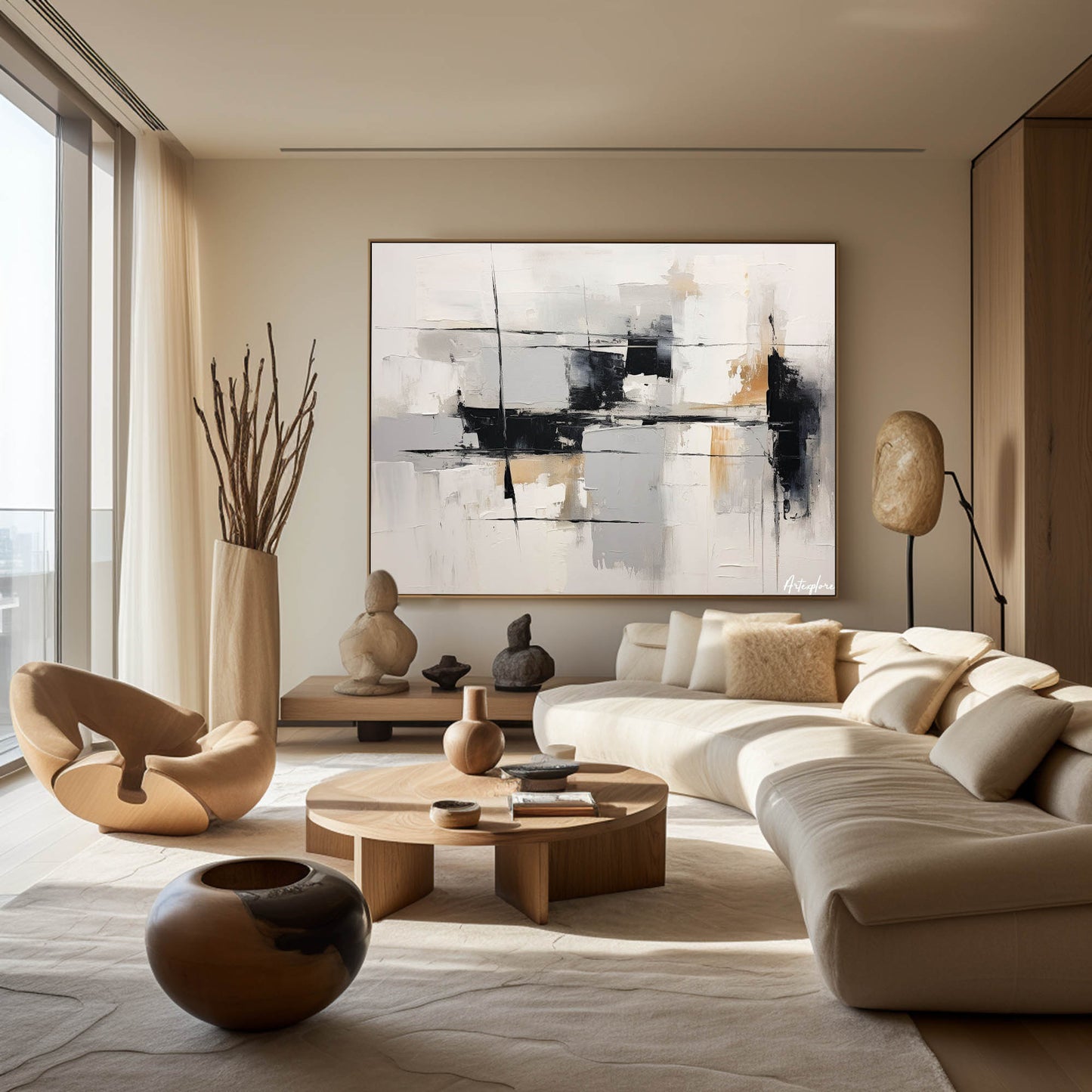 Contemporary Monochrome Abstract Oil Painting for Modern Home Decor