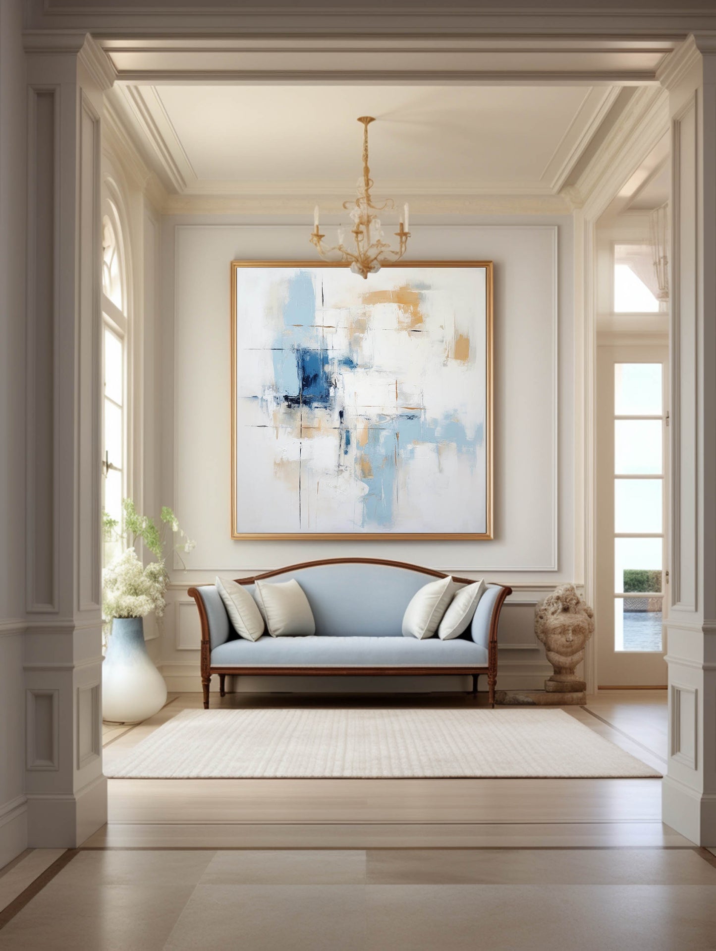 Contemporary Blue and Gold Abstract Oil Painting for Modern Home Decor