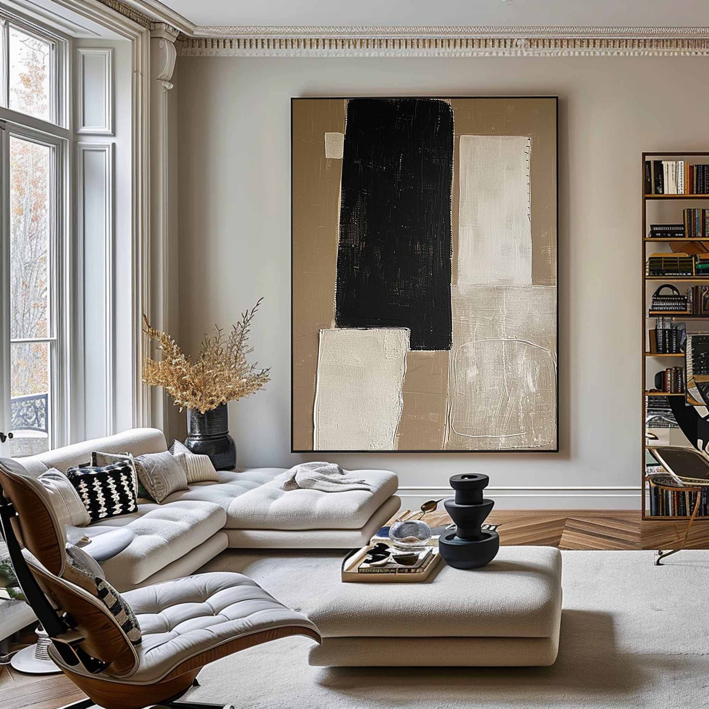 Elegant Minimalist Black and White Abstract Oil Painting for Modern Home Decor