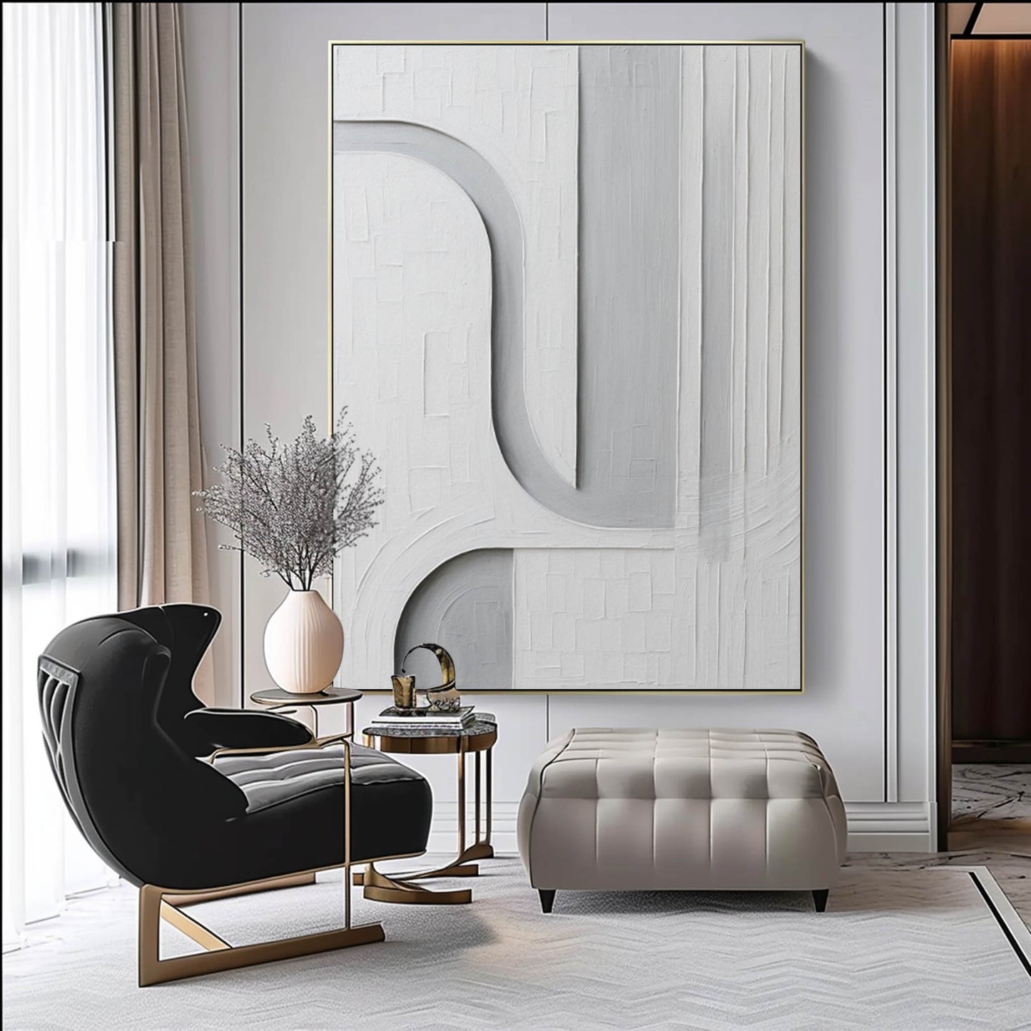 Sophisticated Minimalist Abstract Oil Painting in Gray Tones for Modern Interiors