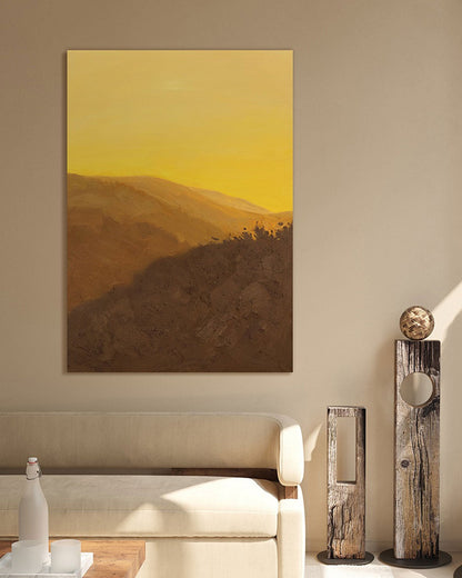 Serene Minimalist Oil Painting of Golden Landscape at Sunset