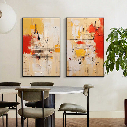 Vibrant Abstract Oil Painting Duo with Red and Yellow Accents for Modern Decor