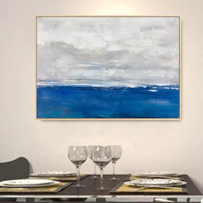 Serene Coastal Landscape Oil Painting with Tranquil Blue Waters and Soft Clouds