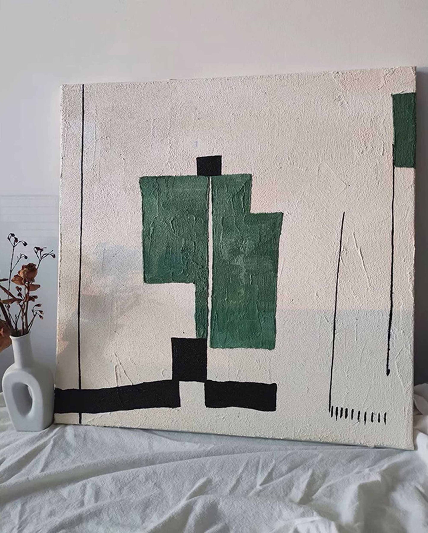 Modern Minimalist Green and Black Geometric Oil Painting for Contemporary Decor