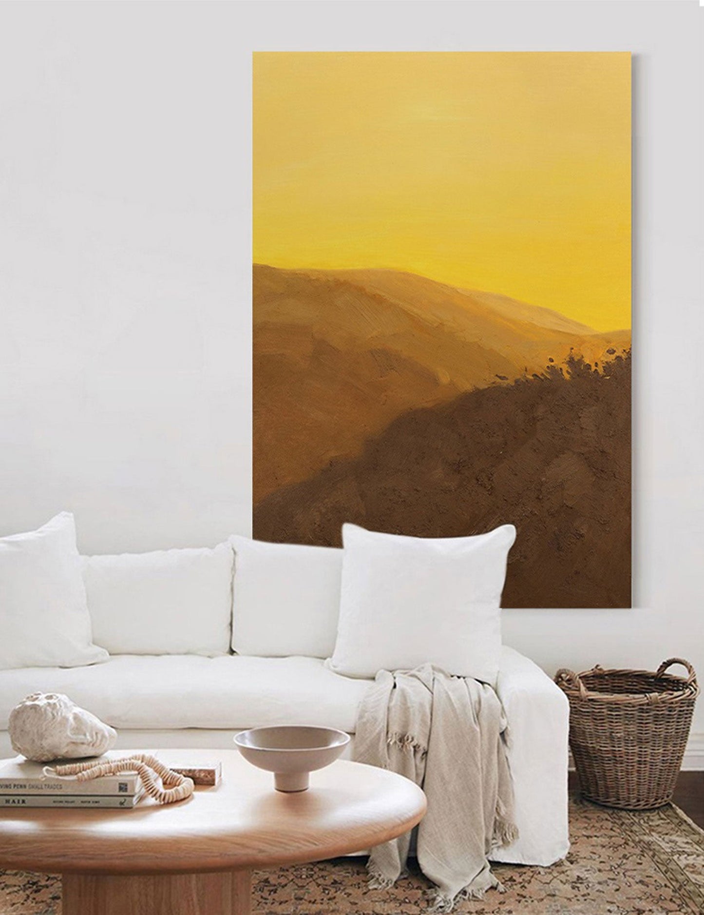 Serene Minimalist Oil Painting of Golden Landscape at Sunset