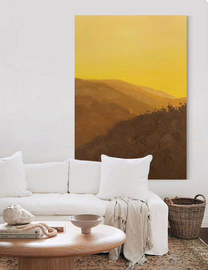 Serene Minimalist Oil Painting of Golden Landscape at Sunset