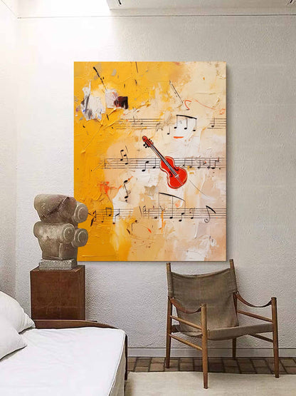 Vibrant Abstract Oil Painting with Musical Notes and a Red Violin