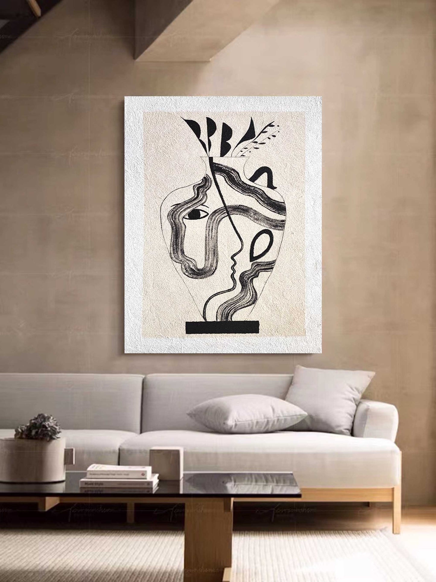 Abstract Minimalist Oil Painting of Faces and Vases for Modern Home Decor