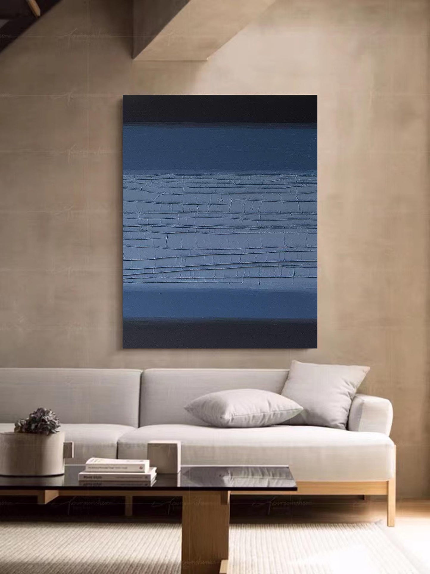 Contemporary Minimalist Blue Oil Painting for Modern Home Decor