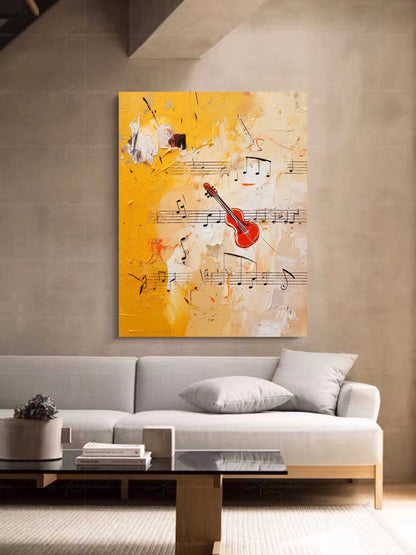 Vibrant Abstract Oil Painting with Musical Notes and a Red Violin