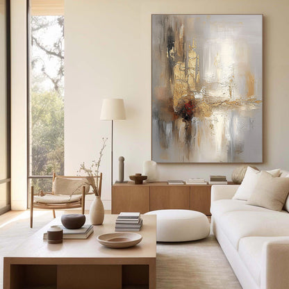 Abstract Grey and Beige Oil Painting with Gold Foil Texture for Modern Decor