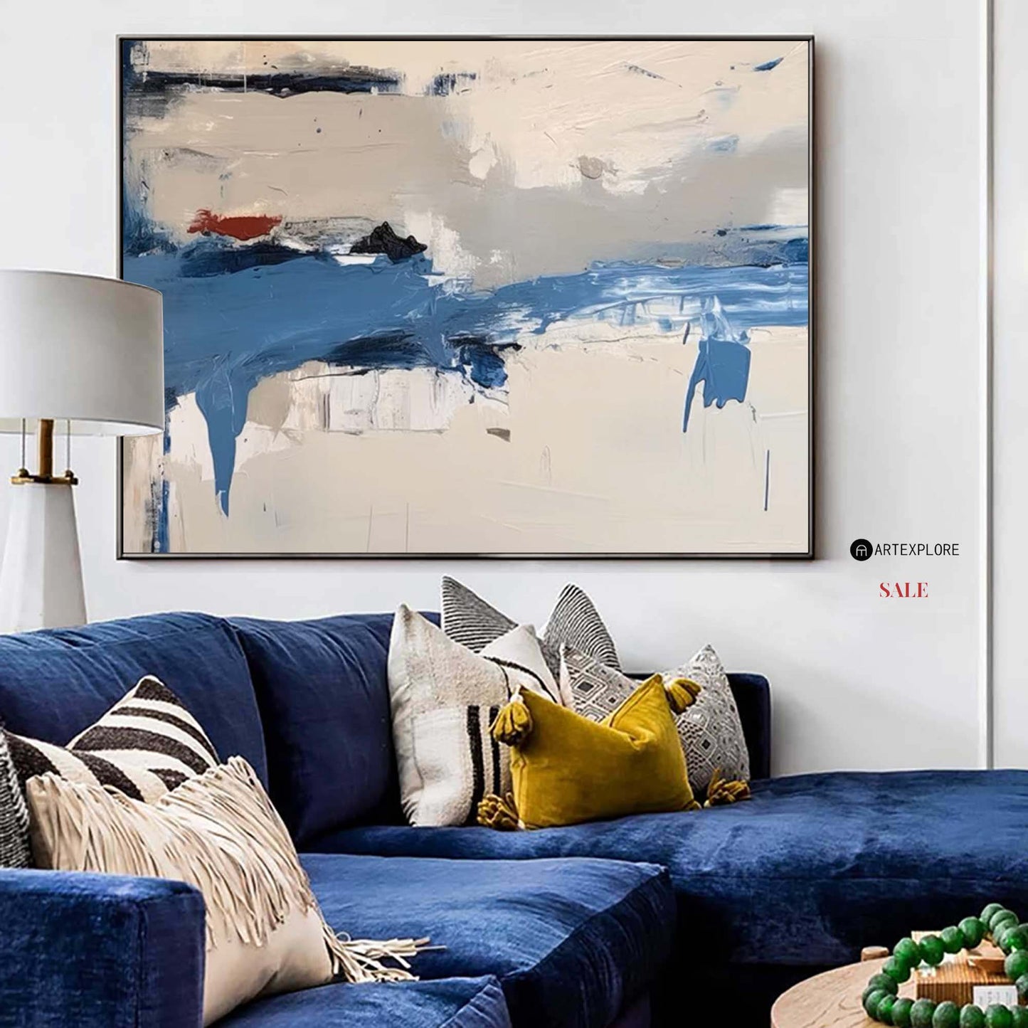 Contemporary Blue and White Abstract Oil Painting for Modern Home Décor