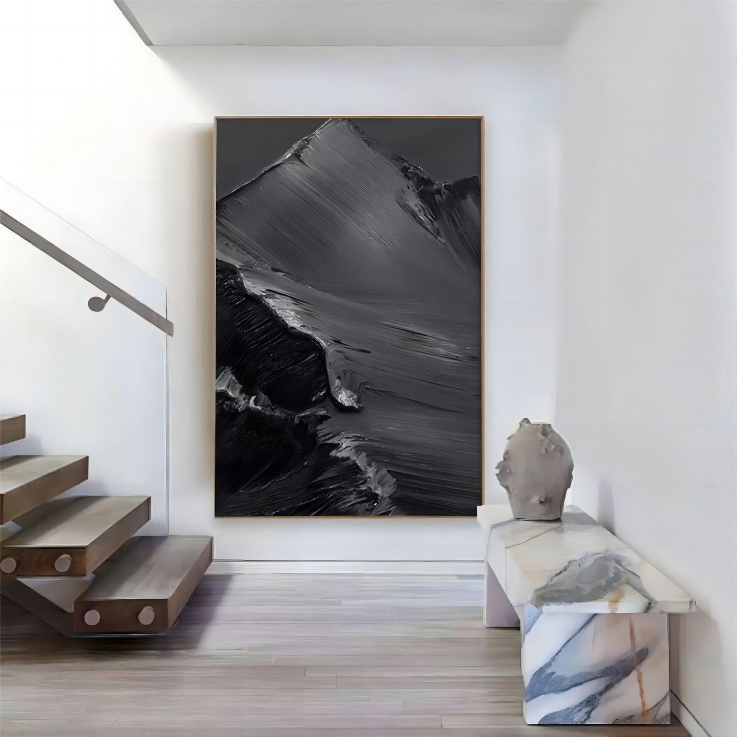 Monochrome Mountain Landscape Oil Painting with Textured Finish