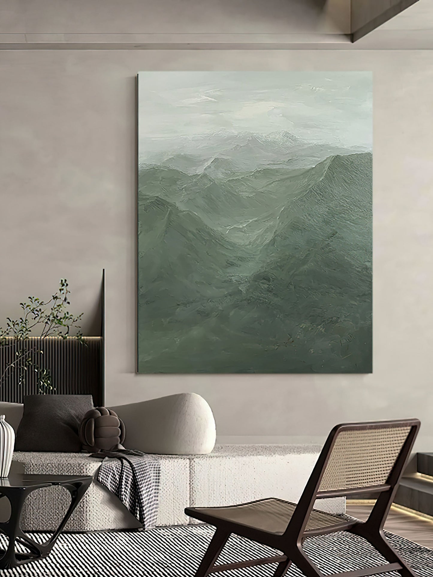 Serene Green Mountain Landscape Oil Painting for Modern Home Decor