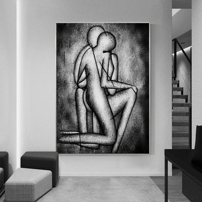 Contemporary Abstract Oil Painting of Two Figures Embracing in Shadows
